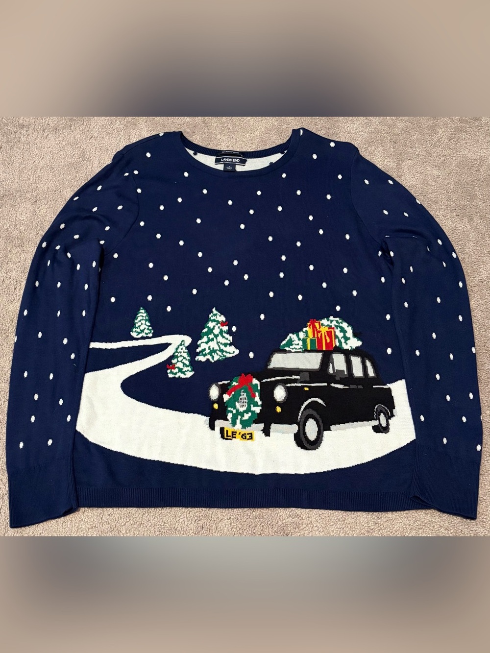 Lands’ End Sweater Womens L (14-16) Navy Holiday Car Tree Snowflake 100% Cotton